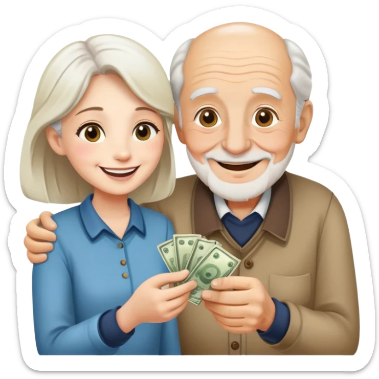 Kind elderly grandfather giving money to young adult woman who needs financial help, supportive family moment sticker