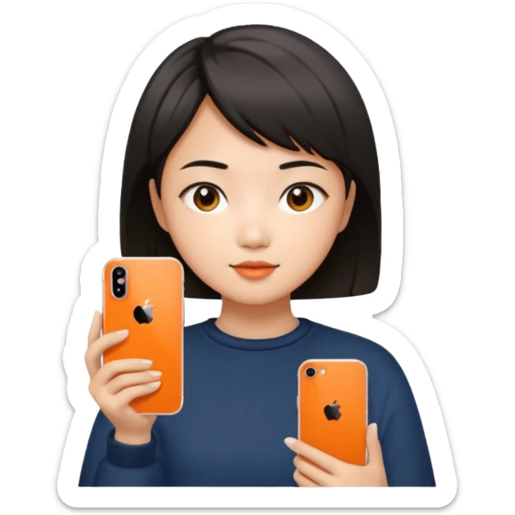 Asian girl with short hair girl holding iphone 17 pro orange sticker