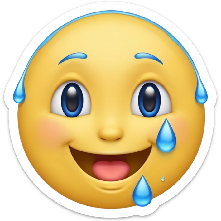 Emoji, yellow round laughing face, blue tears of joy on it. 2 big blue tears on each of the 2 cheeks sticker