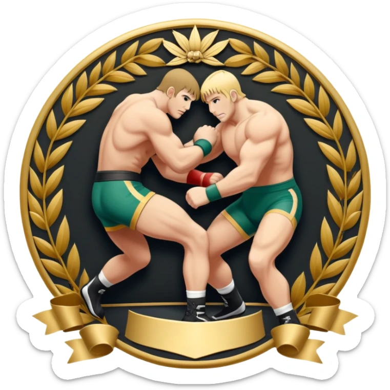 An icon symbolizing wrestling combat sports in the style of an emblem. The design features two wrestlers locked in a powerful grapple, one attempting to take the other down. Surrounding the scene are stylized elements like a championship belt, wrestling mat, and a laurel wreath.  sticker