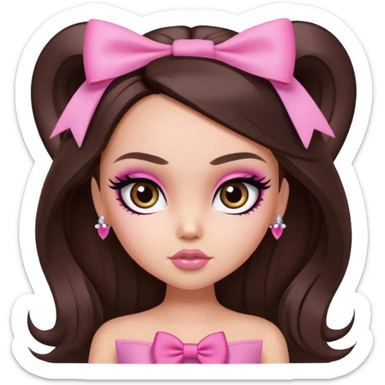 pretty bratz baddie, long hair brunette baddie with eyeliner and brown eyes and small pink bow sticker
