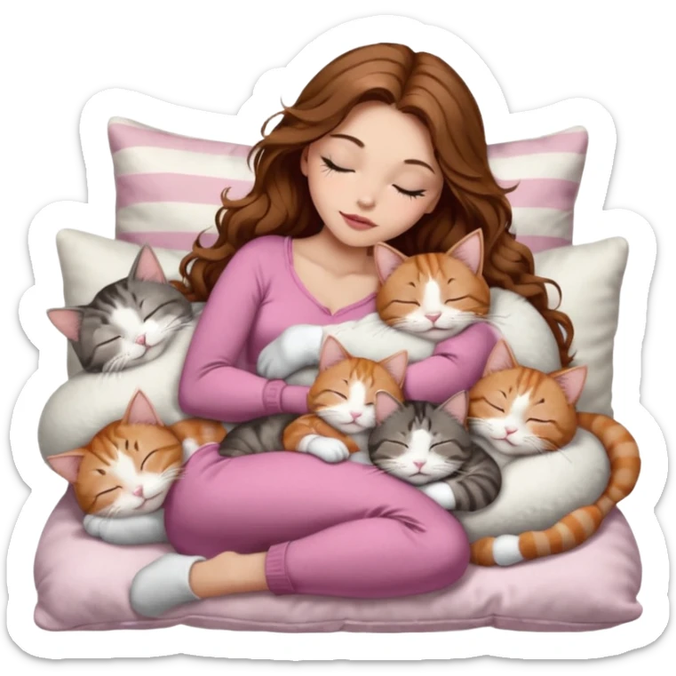 girl with long wavy brown hair, brown eyes, long lashes makeup, sexy pink lips, light to medium complexion,  sleeping on a cozy pillow, with 6 cats: 1 brown and white tabby cat, 1 ginger and white, 2 grey and white, 1 grey with white mittens and small white patch on chest and 1 calico, sleeping sticker