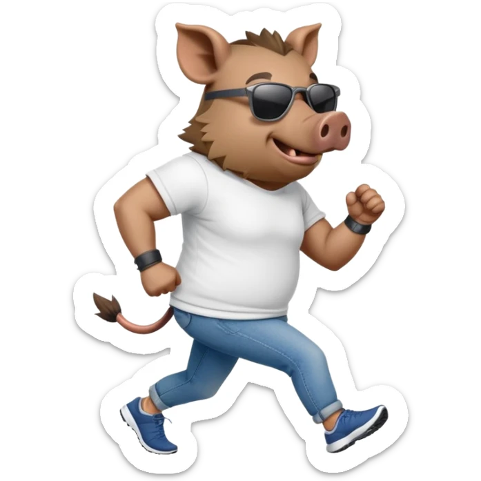 friendly anthropomorphised boar in jeans and a t-shirt, wearing dark sunglasses, jogging upright, standard pose sticker