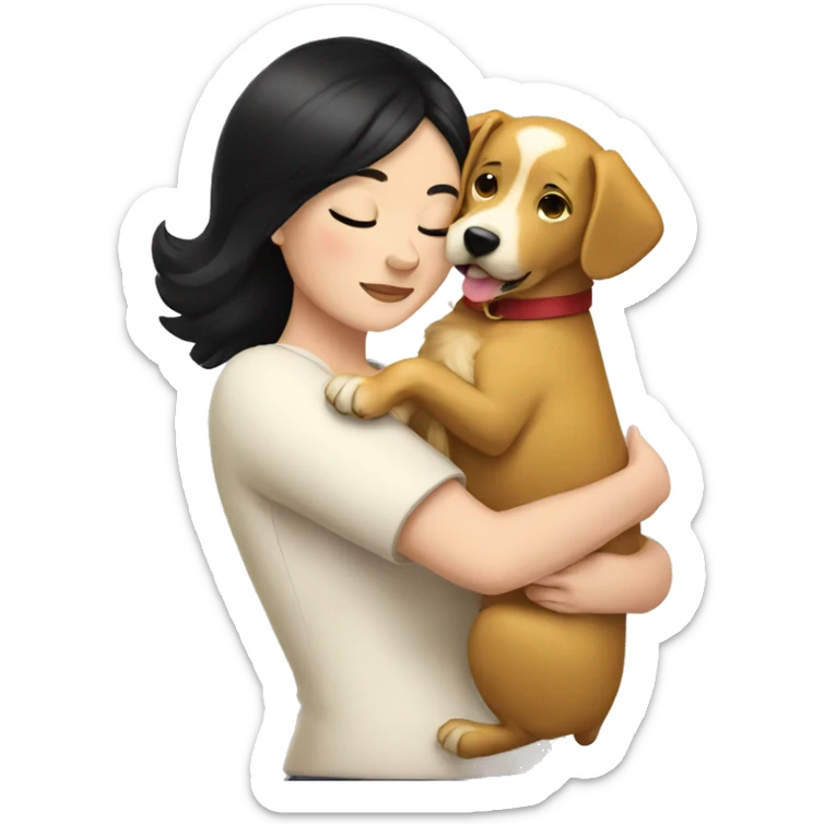 White woman with a black hair hugging a golden dog sticker
