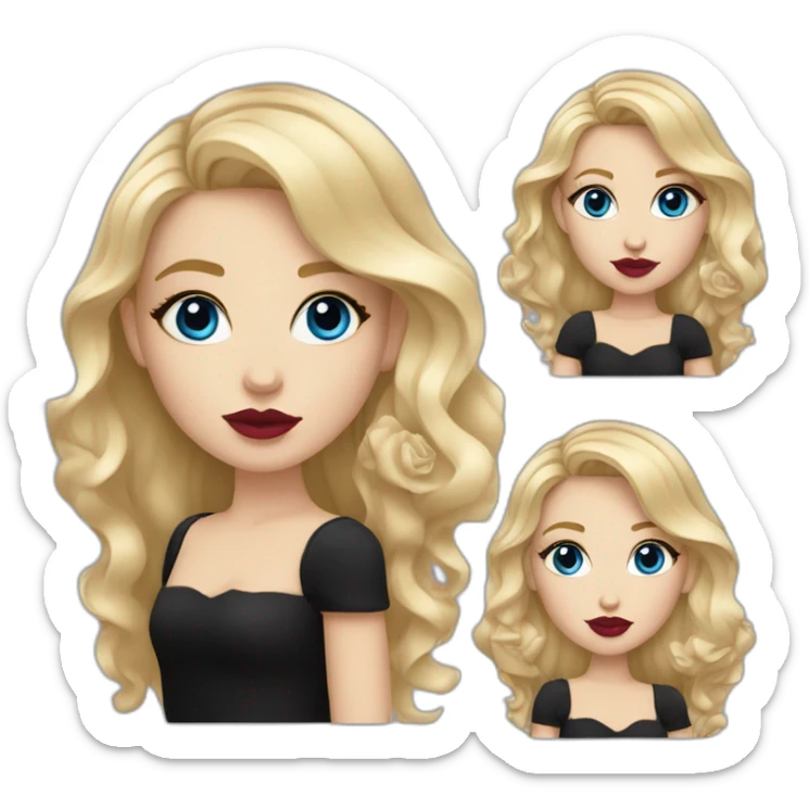 wavy blonde girl with dark blue eyes an rose lips wearing black dress sticker