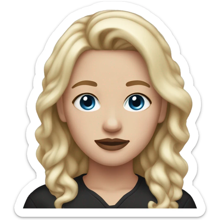 a woman with freckles and blue eyes, light skin, blonde hair and dark roots. black clothes. light pink lips. sticker