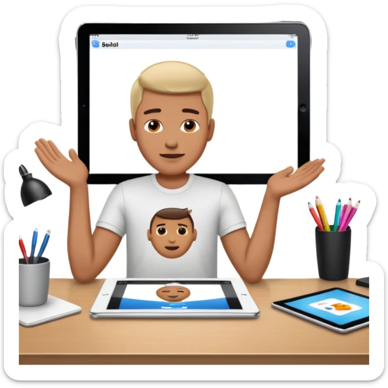 An iPad lying on a desk. On the iPad screen, a video is playing. The video shows a man talking to camera.  sticker