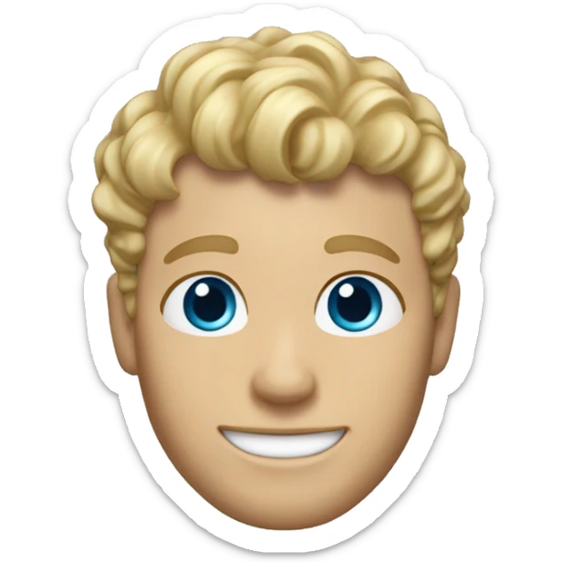 memoji of a blonde man with curly, messy bangs and short hair on the sides, smiling and without glasses, with blue eyes, without a mustache. sticker