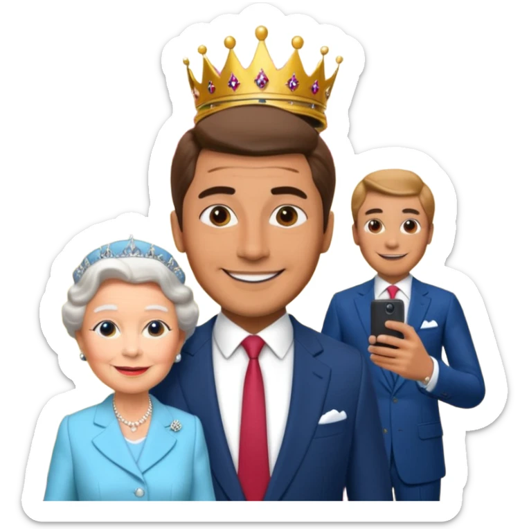 A person/a man who's taking a selfie in a room with the wax figures of the queen elizabeth the II sticker