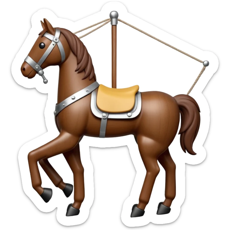 3D render of Horse Puppet as a wooden marionette puppet, Wooden toy horse on strings, silver metal screw joints at elbows and knees, polished brown wood texture, rigid toy pose, emoji style, isolated on white background --v 6.0. sticker