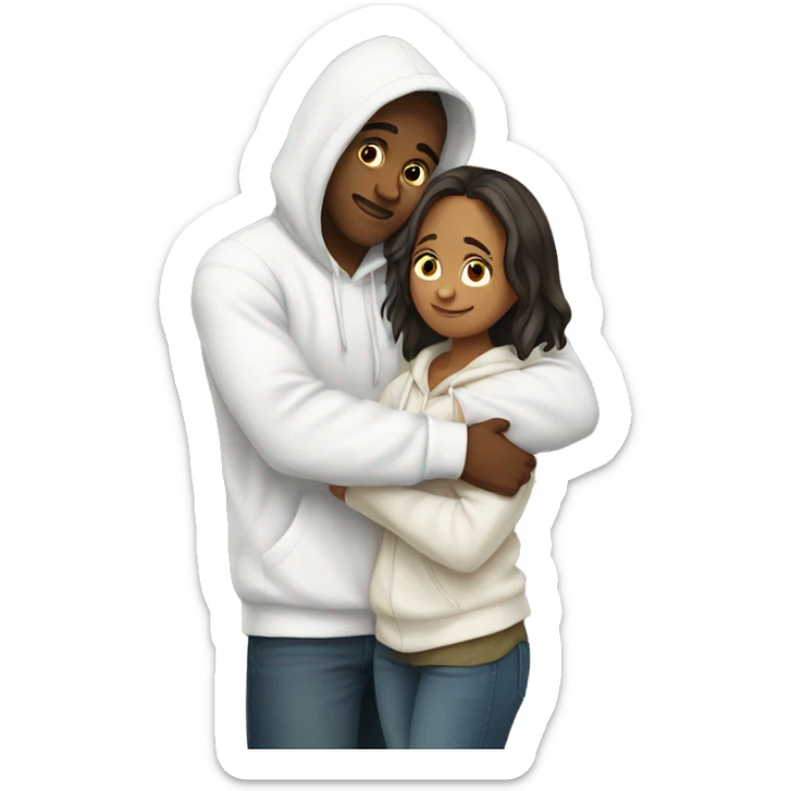 An emoji of a man wearing a white hoodie, standing next to his sister. He is hugging her warmly, showing a close sibling bond sticker