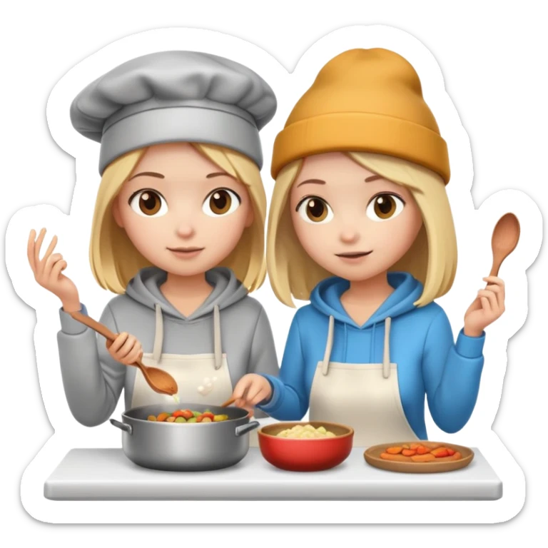 cartoon 3d of longe hair blonde girl wearing hoodie and short brown haor girl wearing a beanie and hoodie cooking food sticker
