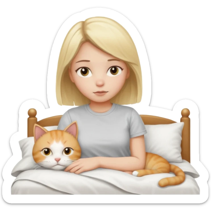They recreate a photo of a blonde girl with light brown eyes, lying in bed sick with the flu, with her cat nearby. sticker
