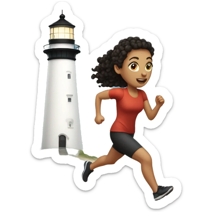 White woman with dark curly hair in a ponytail running toward a lighthouse sticker