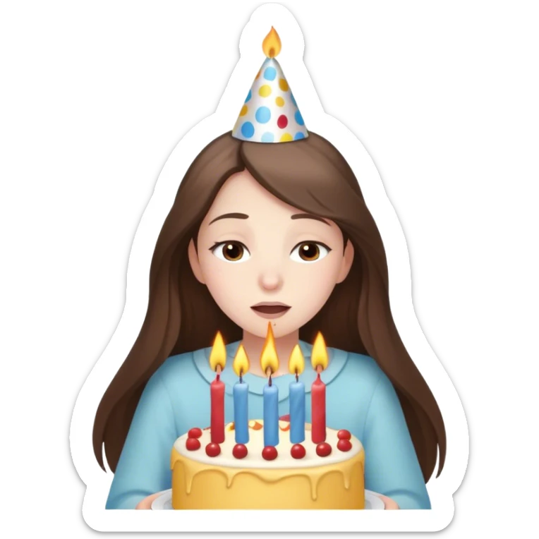  beautiful pale brunette girl with long hair with birthday cap blow out the candles on her birthday cake eyes closed sticker