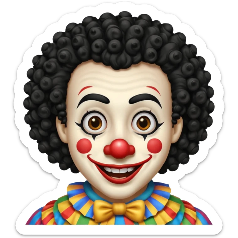 generate clown emoji with a big curly black hair 

wide black smile, long and pointy white nose sticker