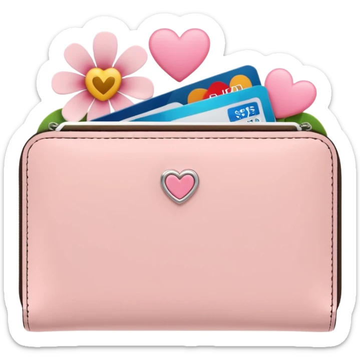 Pale Pink cute Wallet with heart charm, credit cards inside and flowers growing from it, clean aesthetic sticker