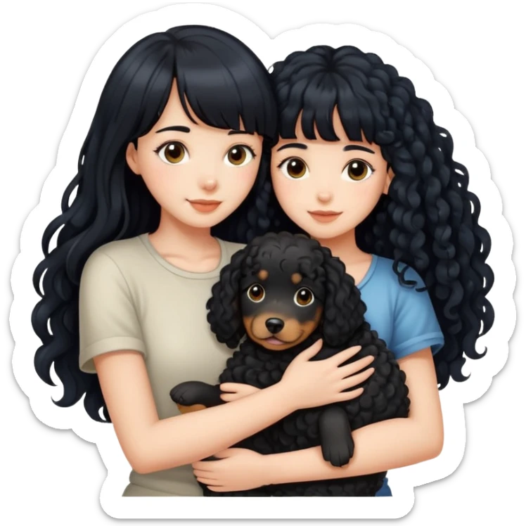 A beautiful girl with long black hair and bangs hugs a curly-haired dog sticker