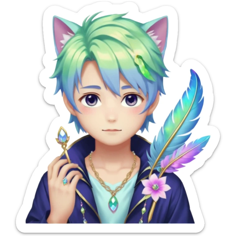 Beautiful gorgeous anime catboy with beautiful iridescent-special-hair, fashion aesthetic, ethereal, fairycore, pastelcore, feather, flower, gems, accessories, jewelries, gold, colorful sticker