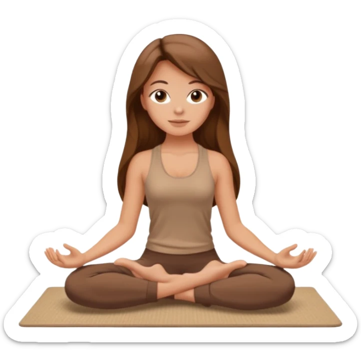 Brown long hair, white girl sitting on a beige rug doing yoga, brown clothes sticker