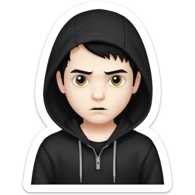 Vampire boy with the short black hair, pale scin, black eyes, little fangs and dark circles under his eyes. He has serious face and he wear a black hoodie sticker