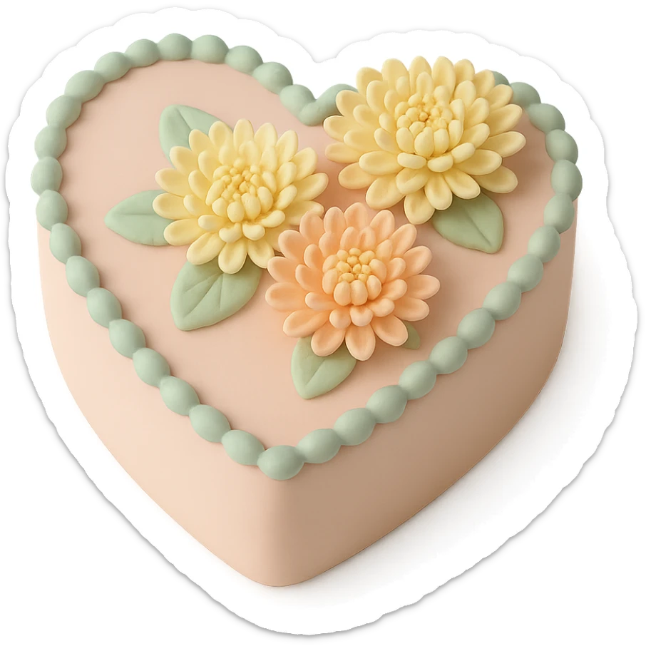 heart-shaped fondant cake with piped chrysanthemums, fondant cake art style sticker