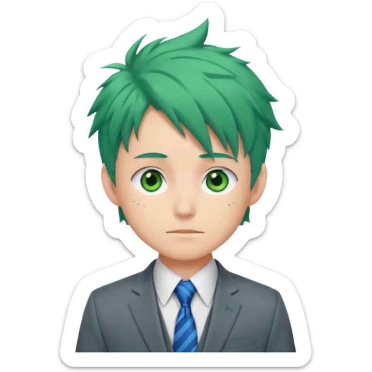 deku : boy anmie green hair green eyes in a ua gray jacket and blue tie suit with frenkles sticker
