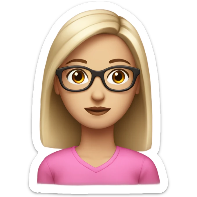 white girl with straight medium hair, brown eyes and pink glasses sticker