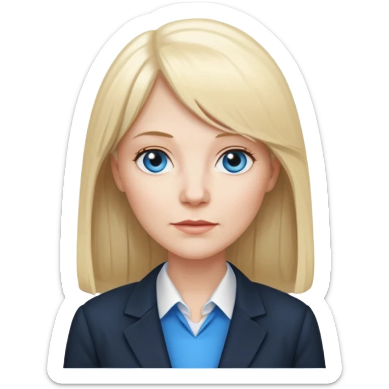 450 yr old white woman, pale skin, long straight blond hair parted in center, blue eyes, bangs, clothes for office sticker