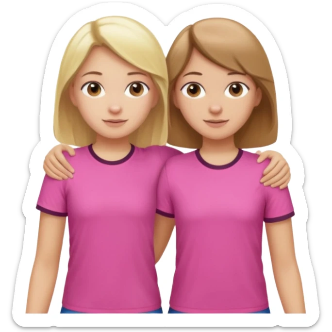 Two Girls with their arms around each other at summer camp one blonde one brown hair wearing pink shirt sticker