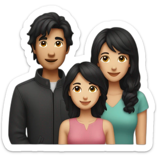 couple, a little Men with Long black hair, a girl with short brown hair ; and black spitz sticker