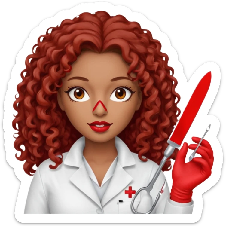 Seductress woman scalpel in hand, evil surgeon sexy surgeon clothes.  She has red eyes. Her  brown long curly hair. Wears sexy doctor outfit with red gloves. make her hair free and brown but she  wear mouth cover   to hide. Wears white surgeon jacket and  only   death long , long beown hair  sticker