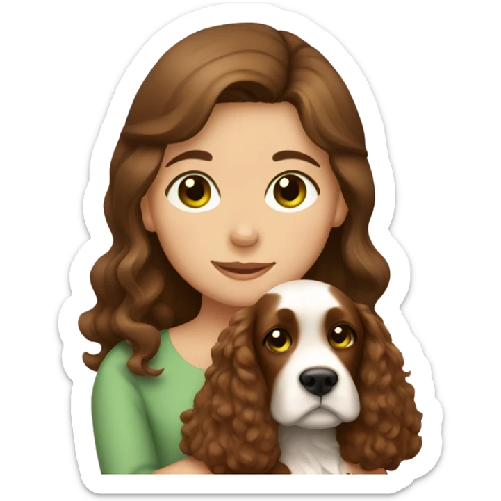 Girl with brown hair and green eyes hugging brown cocker spaniel sticker