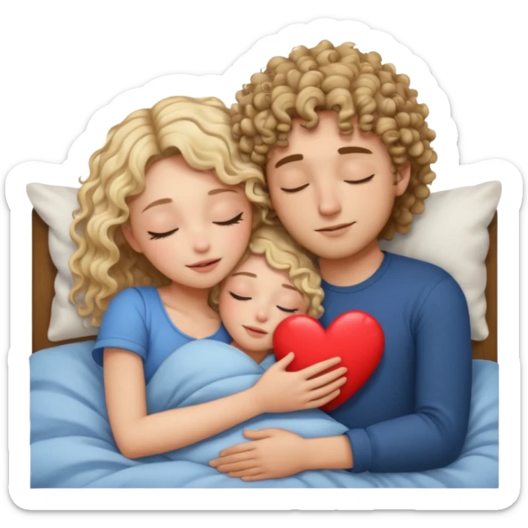 cuddling in bed, asleep. wavy haired blonde girl. curly haired brunette man. eyes closed. heart between them. no headboard sticker