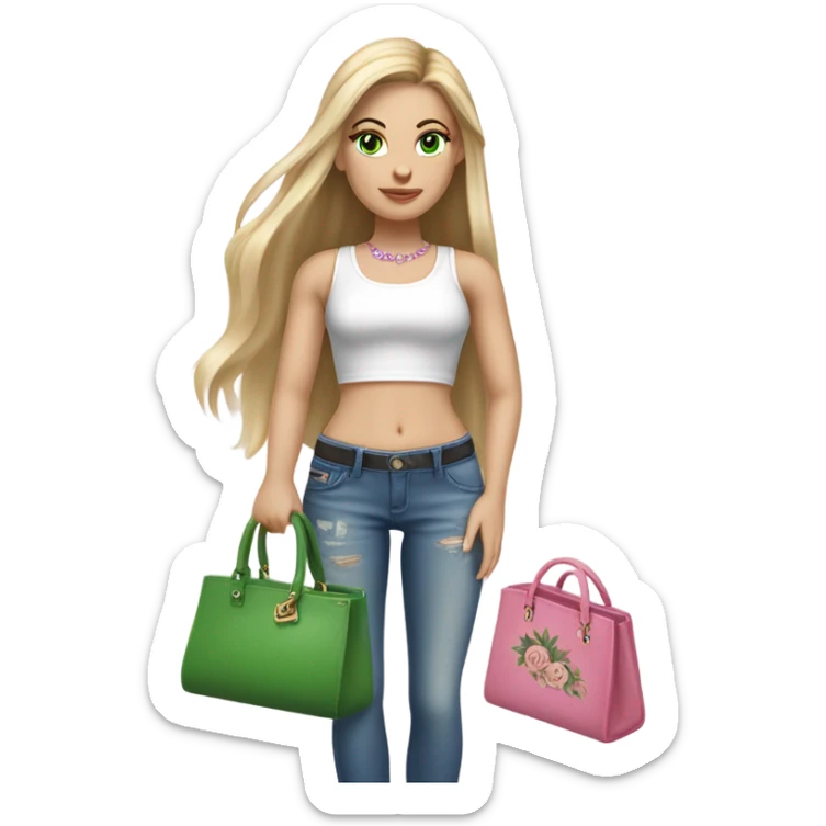 Realistic White girl with Long straight blonde hair, green eyes, tattoos, full body wearing white crop top and jeans, holding pink handbag sticker