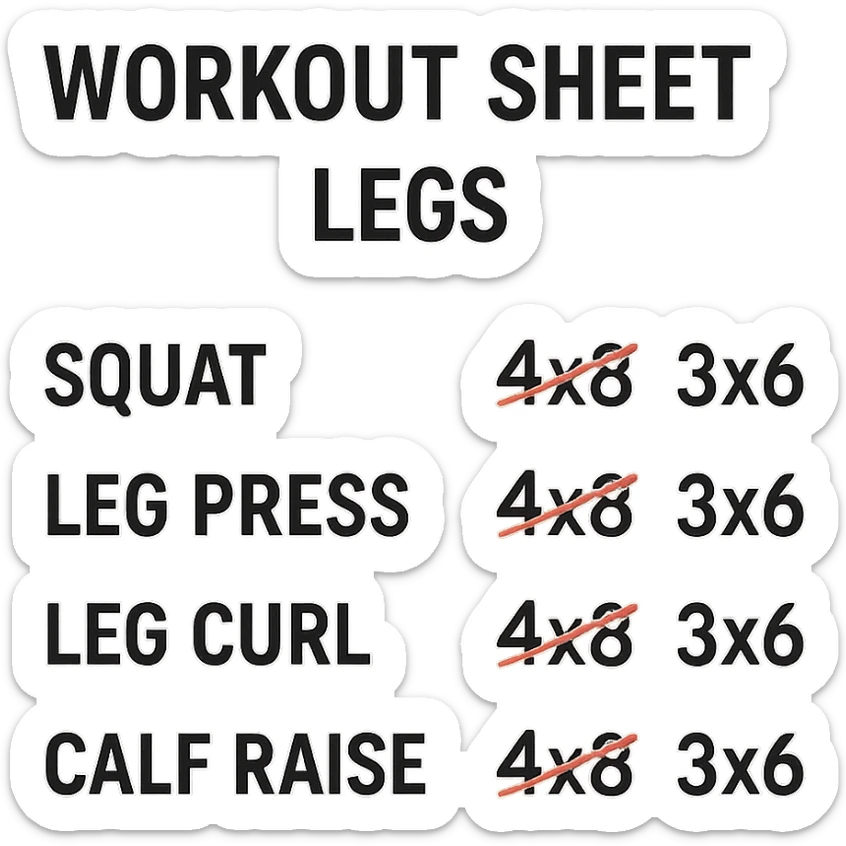scheda di allenamento gambe con volume di allenamento ridotto (fai alcuni esercizi con 4x8 scritti in precedenza sbarrati in rosso e la correzione accanto tipo 3x6), scrivila al meglio che puoi sticker
