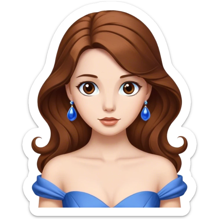 Cinematic Elegant Belle Portrait Emoji, rendered in a realistic, vector-style with minimal shading and bold, simplified shapes. Depict Belle (chest and above) with fair, luminous skin, deep brown expressive eyes, and long, flowing chestnut hair styled elegantly, wearing her classic blue ball gown. The image glows with a soft, warm radiance and high shine, capturing timeless refined beauty. sticker