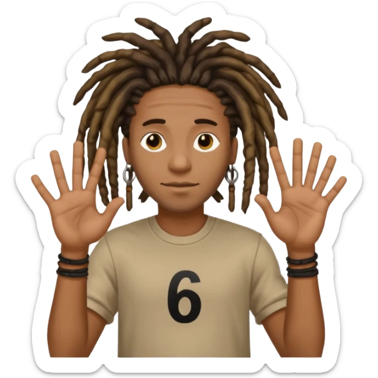 A Black man with dreads holding up physical numbers 6 in his right hand and 7 in his left hand  sticker
