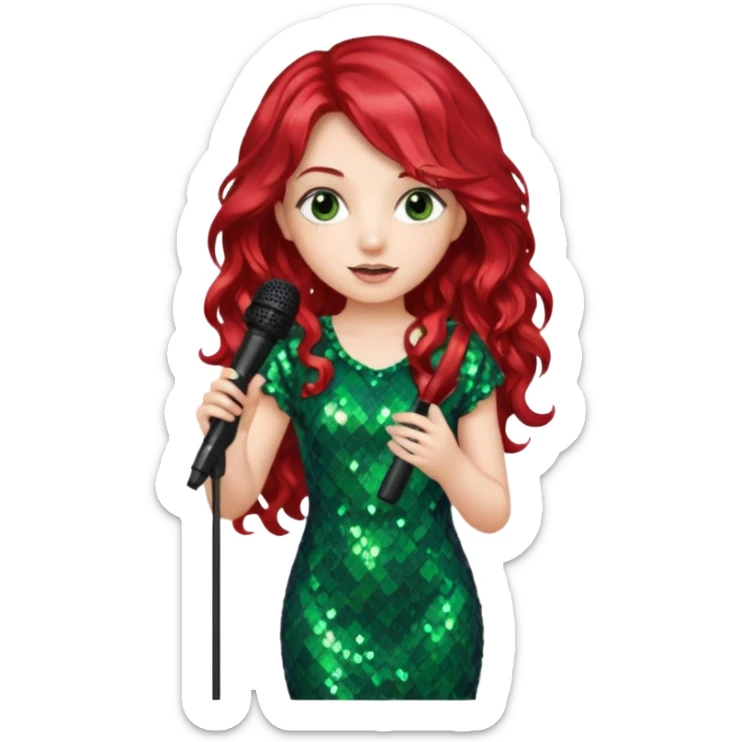 girl in green blink dress, red long wavy hair, holding a mic



















 sticker