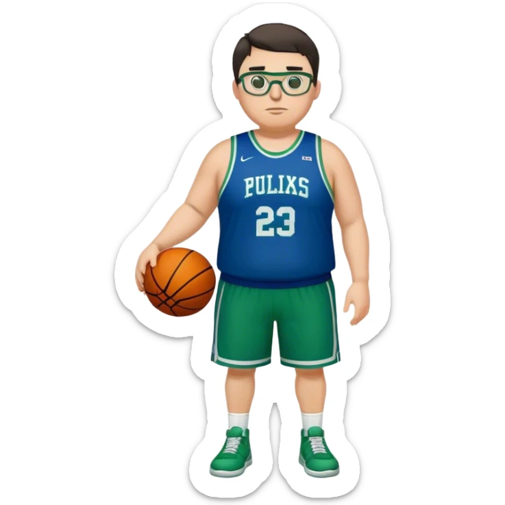 Full Body tall plus size white male with dark short hair basketball player wearing glasses wearing blue green uniform sticker