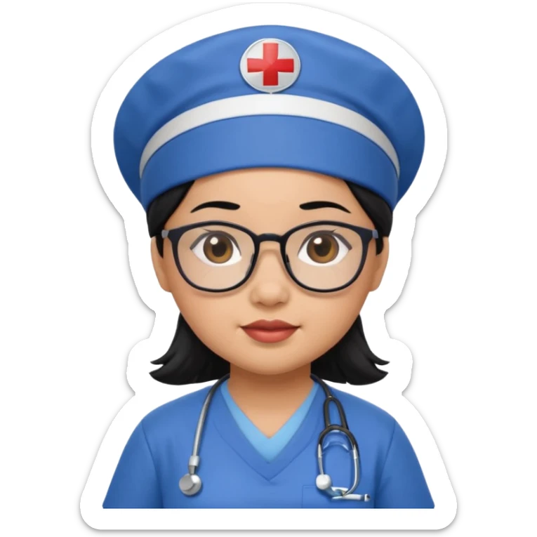 FILIPINA FEMALE NURSE, CHUBBY, BLACK HAIR, WITH GLASSES, BLUE SCRUBS, AND CAP sticker