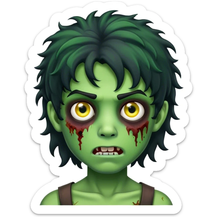 boy zombie with black curly hair mullet with green skin sticker
