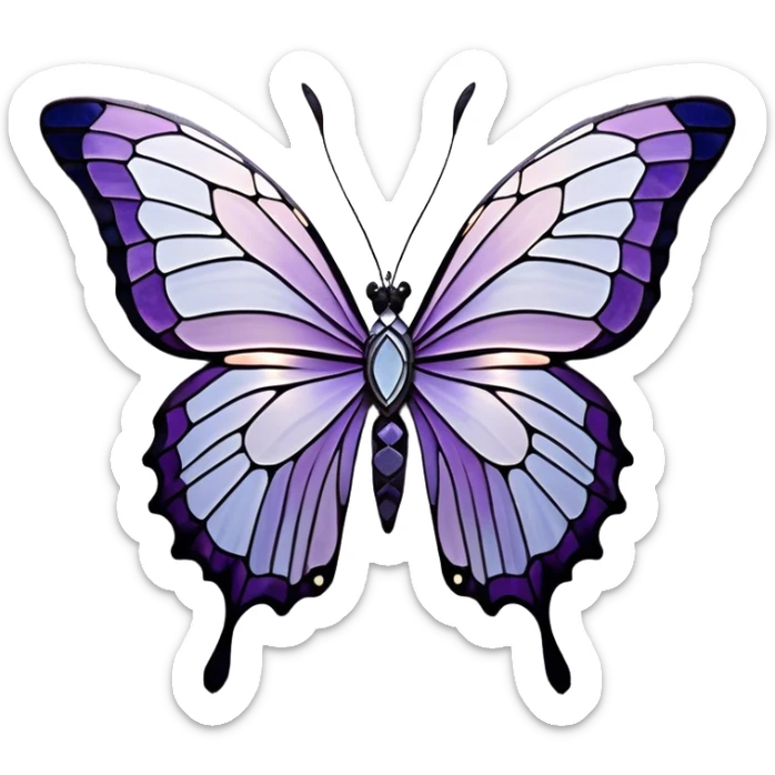 a stunningly detailed butterfly with lilac and ice-purple wings, adorned with an elegant mosaic-like pattern resembling stained glass. The wings should display a harmonious blend of swirling and geometric designs, giving them a mystical and artistic feel. The butterfly should have a graceful, elongated body with a subtle metallic sheen, enhancing its enchanting presence. sticker