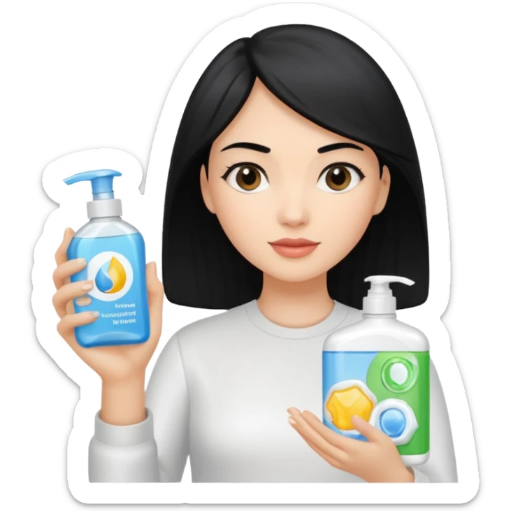 Generate a light-skinned girl with black hair who takes skincare. On the left hand side, she holds a detergent in her hand, and on the right hand side on the sheath, it is the one she applied. sticker