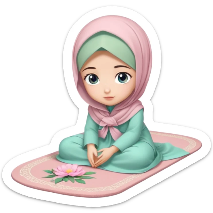 Turkish beautiful finish Konya girl blue eyes with powder pink and mint color flower hijab long tail dress and sits on the pray mat namaz on the ground with dua  sticker