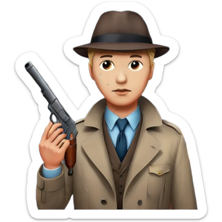 Icon for Detective Movie: A vintage movie poster-style design with a close-up of a detective holding a gun on a dark London street. The scene features a full moon, bloodstains on the pavement, and a mysterious atmosphere, evoking a classic noir detective thriller. Transparent background. sticker