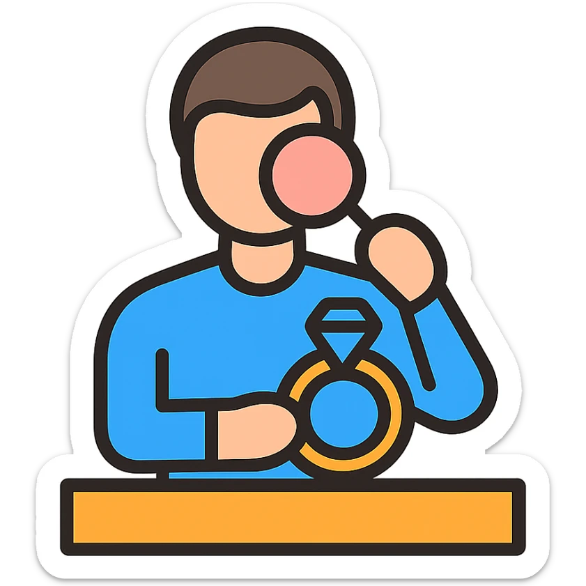 digital communication theme of a person appraising a gold jewel at a counter sticker