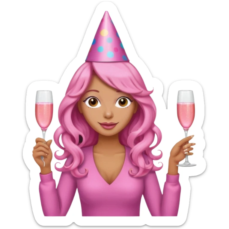 One lady with long pink curled hair and tan skin holding a glass of  pink champagne in each hand sticker
