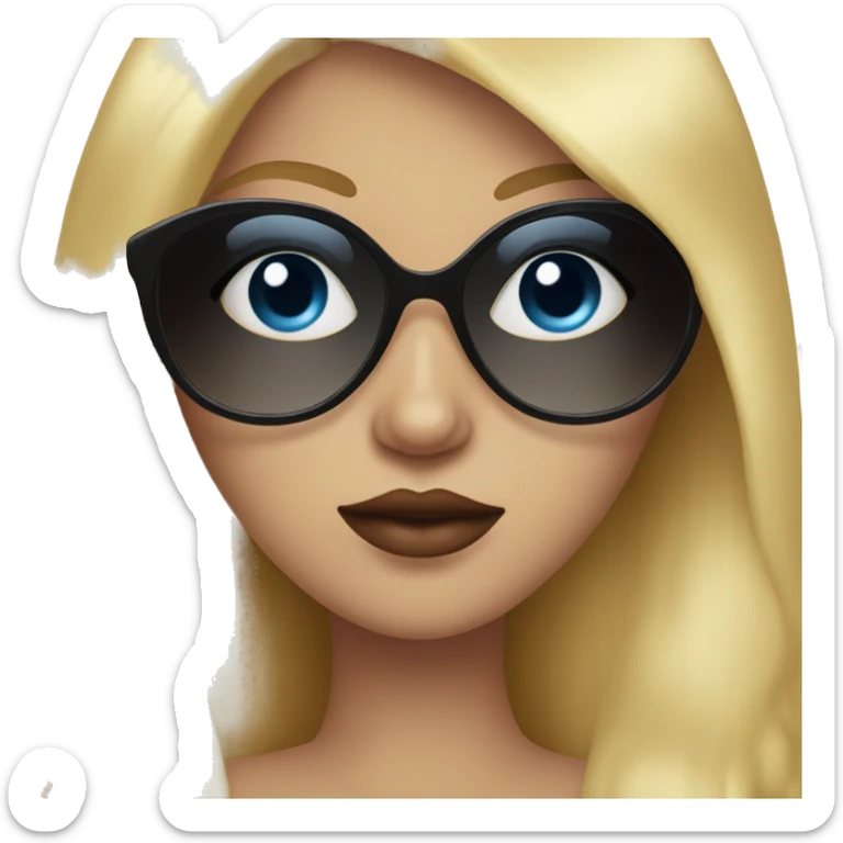 Girl with long blonde hair, blue eyes, black sunglasses that cover her eyes and cherry lipstick and a crown sticker