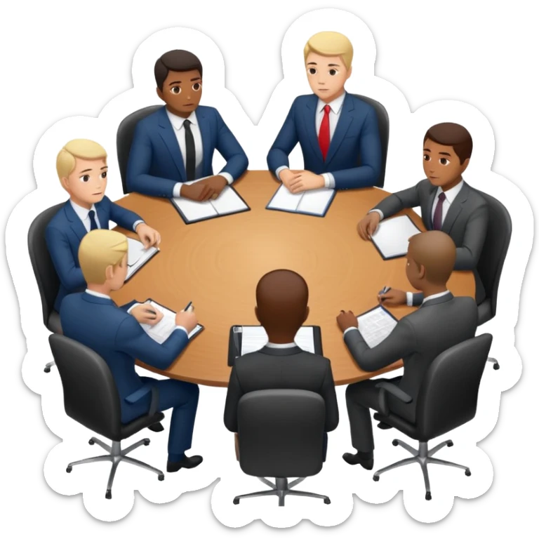 a business meeting of serious businessmen in suits at a round table sticker